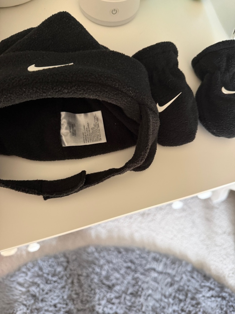 Nike Kids Black Fleece hat and Mittens with White Swooshes